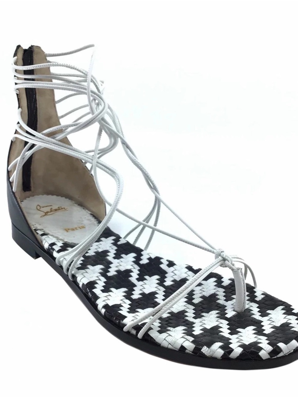 Christian Louboutin Blanca Gladiator Sandals Herringbone Black White Leather US8
